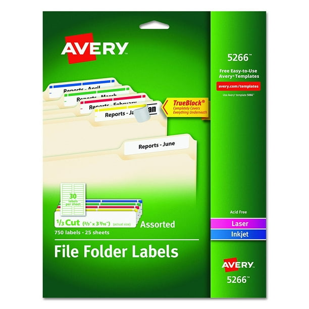 10 Packs Avery File Folder Labels in Assorted Colors for Laser and Inkjet Printers with TrueBlock Technology 0.67 x 3.43 Inches 5266